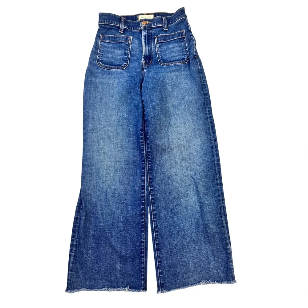 Madewell Emmett Wide-Leg Crop Jeans Blue Raw Hem Patch Pockets NR479 Womens 25